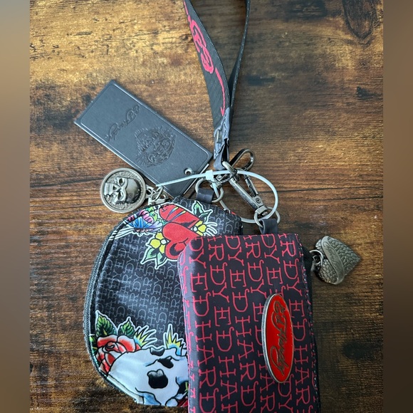 Ed Hardy Handbags - Ed Hardy Red and Black Skull Keychain Wristlet with 2 Pouches, Zipper Charms NWT